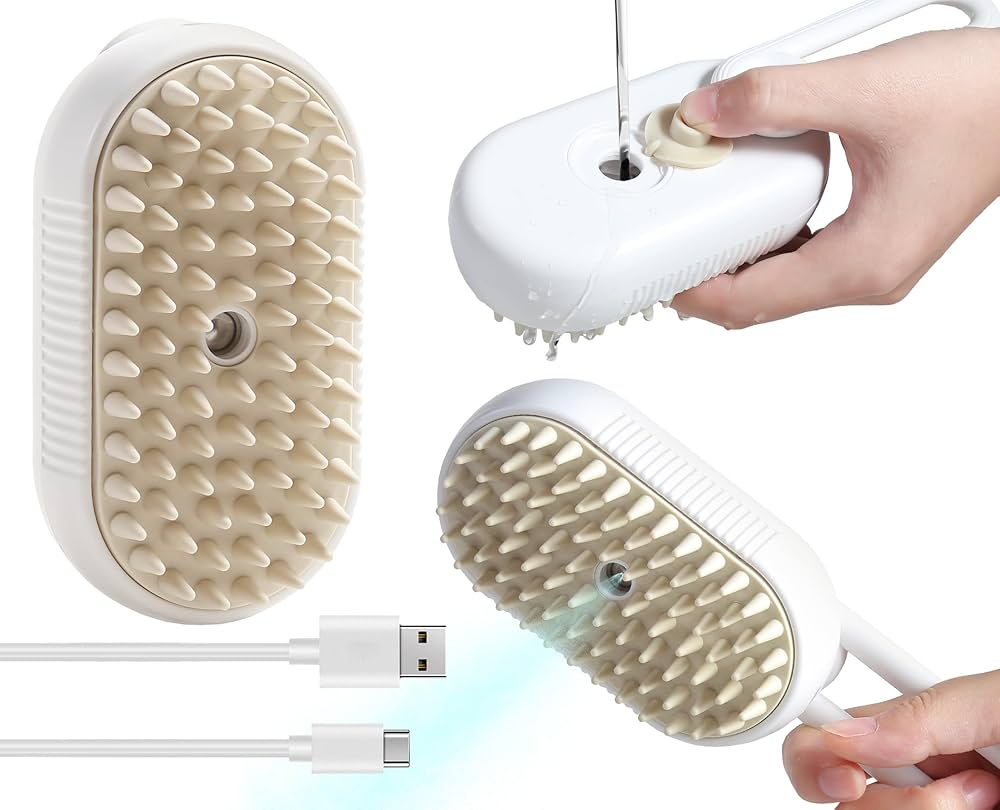 White Groomty brush with its removable head and USB cable