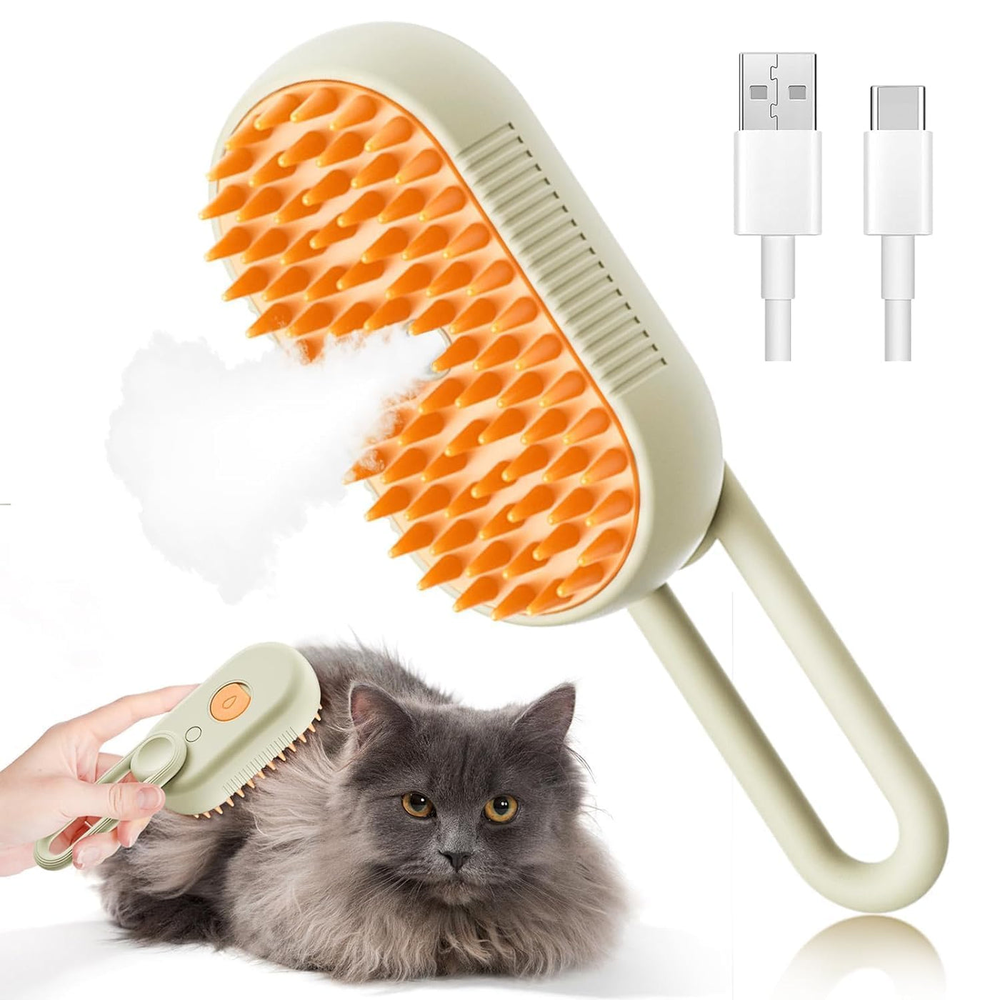 Grey long-haired cat being brushed with the Groomty brush