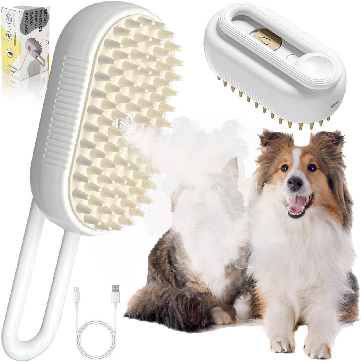 Happy long-haired dog and cat beside the white Groomty steam brush as it releases a soft mist