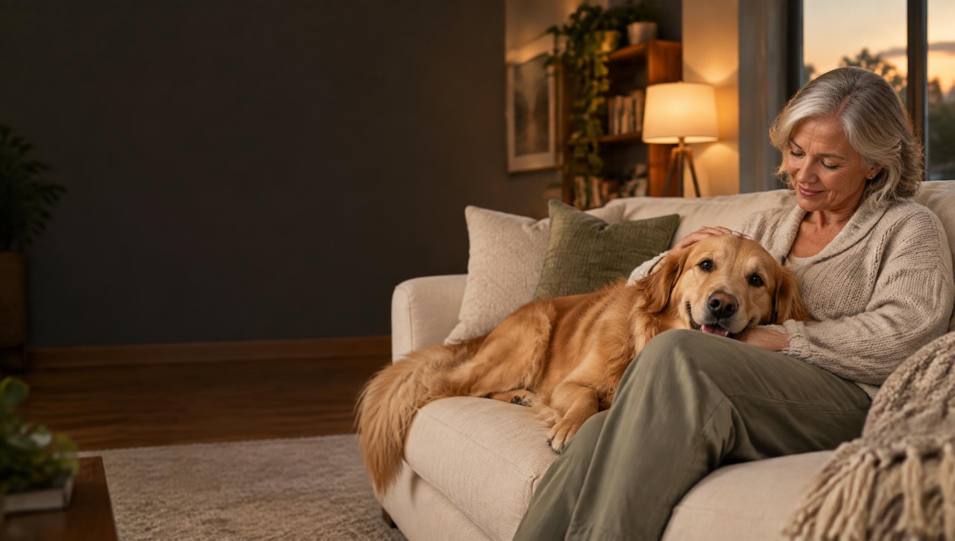 A smiling older woman relaxing on a clean sofa with her golden retriever resting on her lap