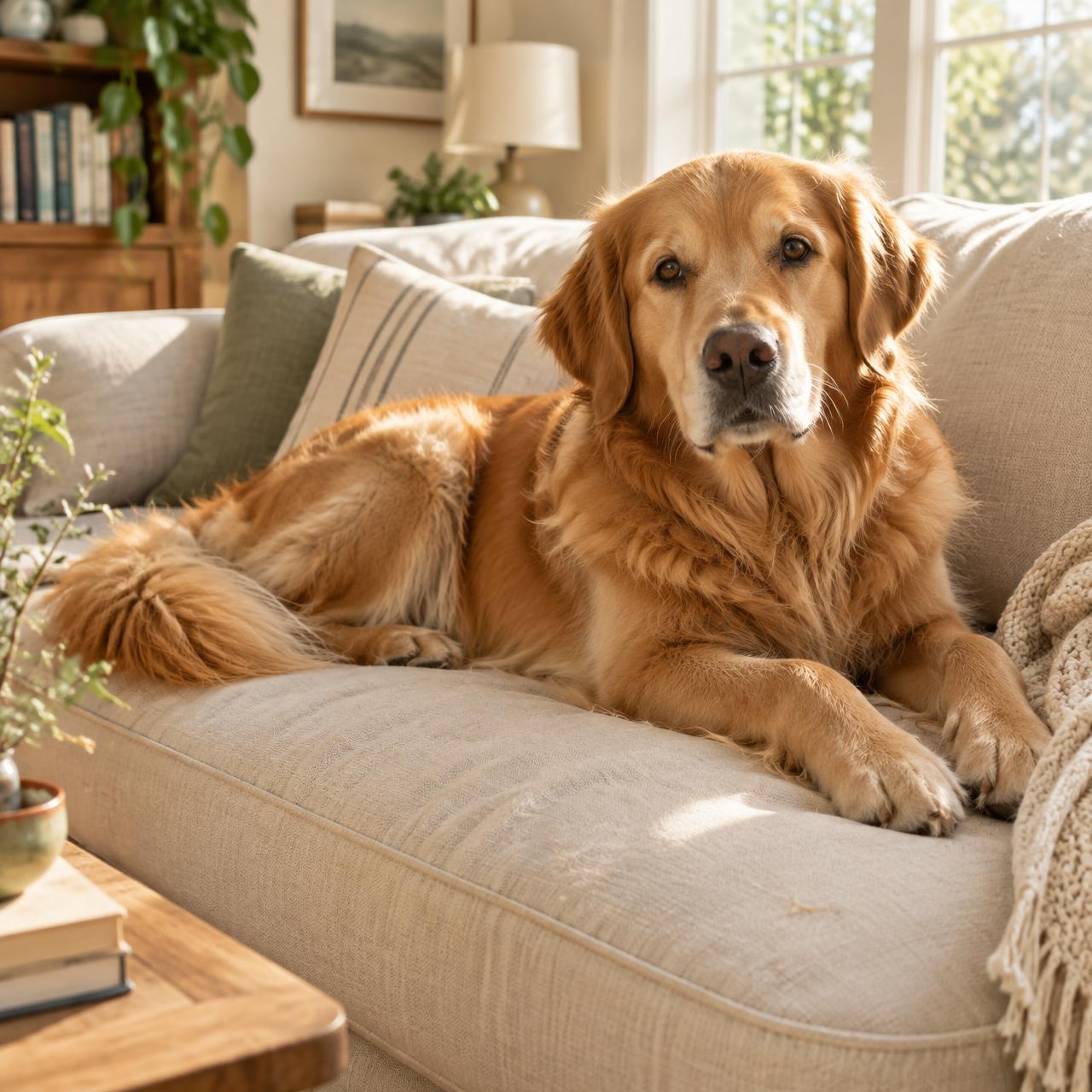 A golden retriever relaxing on a cream sofa with a few loose hairs on the cushion